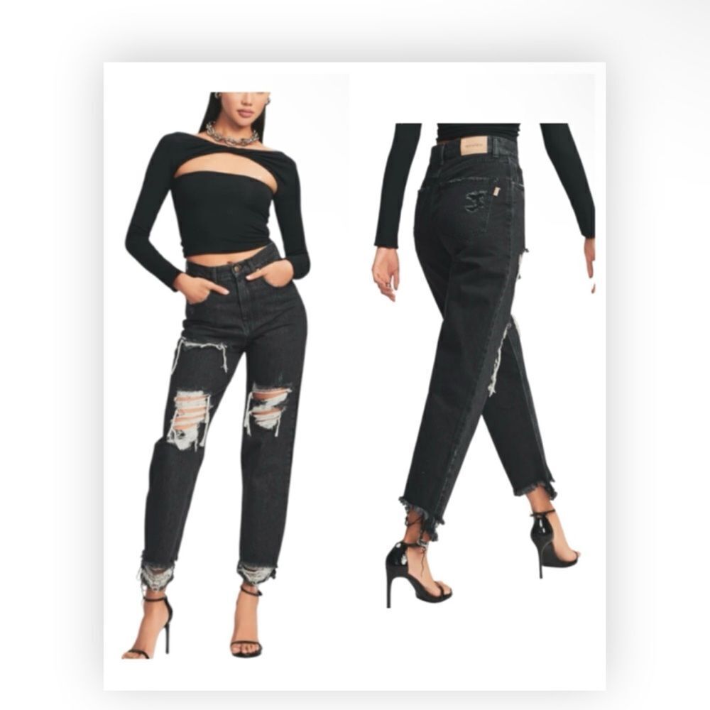 Retrofete Maggie Distressed Straightleg Denim Jean in Onyx Jet Black NWT $413